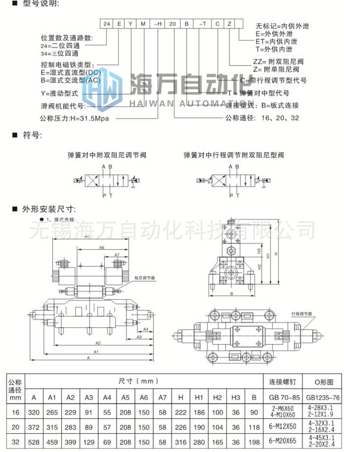 24EYM電液換向閥型號(hào)尺寸參數(shù)圖片